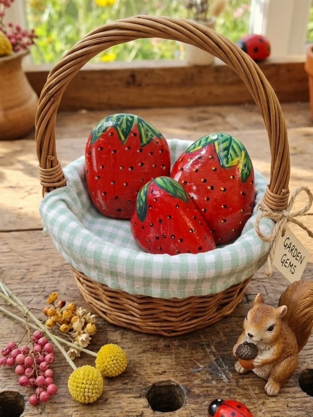 Garden Gems Hand-Painted Strawberry Stones - Red & Green